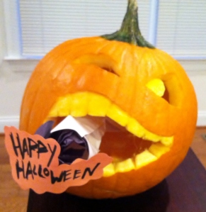 My daughter carved this humorous pumpkin